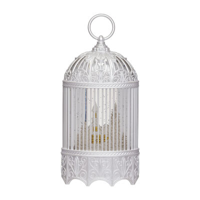 Roman 12"H Lighted Swirl Bird Cage With Church Christmas Tabletop Decor
