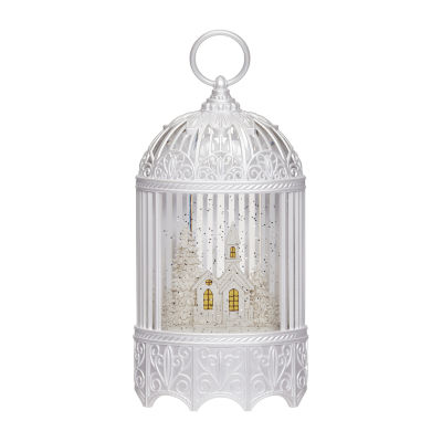 Roman 12"H Lighted Swirl Bird Cage With Church Christmas Tabletop Decor