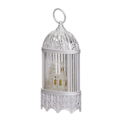Roman 12"H Lighted Swirl Bird Cage With Church Christmas Tabletop Decor