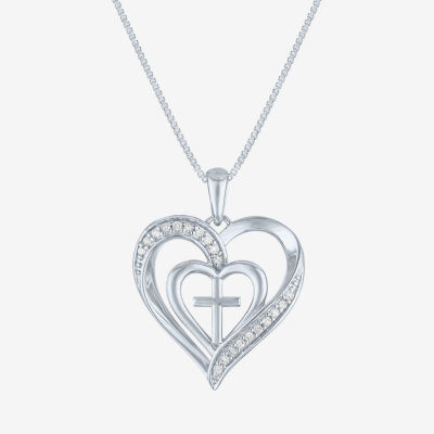 Womens 1/10 CT. T.W. Natural White Diamond Sterling Silver Cross Heart 18 Inch Pendant Necklace