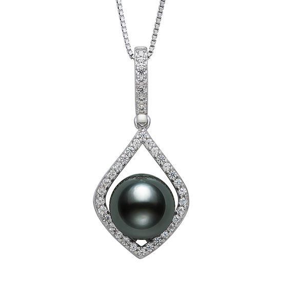 Womens Black Cultured Tahitian Pearl Sterling Silver Pendant Necklace