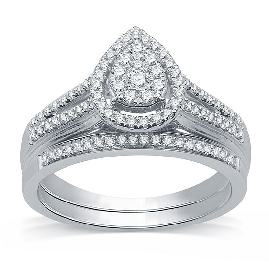 I Said Yes Womens 3/8 CT. T.W. Lab Grown White Diamond Sterling Silver Pear Side Stone Halo Bridal Set