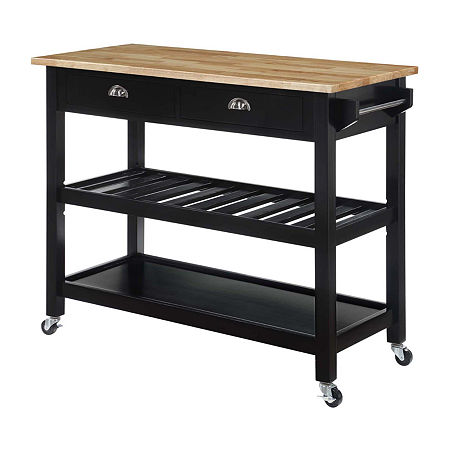 French Country Butcher Block Counter Top Kitchen Cart With Wine Rack, One Size, Black