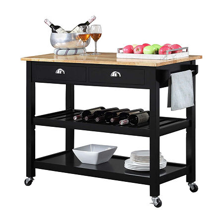 French Country Butcher Block Counter Top Kitchen Cart With Wine Rack, One Size, Black