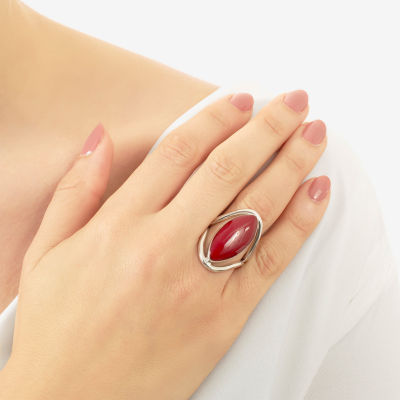Sparkle Allure Simulated Red Womens Jasper Pure Silver Over Brass Oval Cocktail Ring