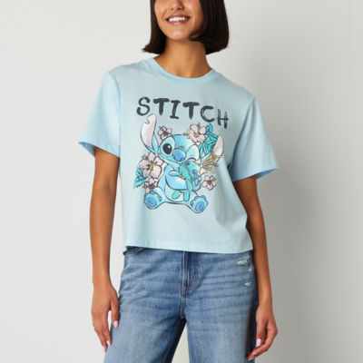 Juniors Stitch Floral Cropped Womens Crew Neck Short Sleeve Graphic T-Shirt