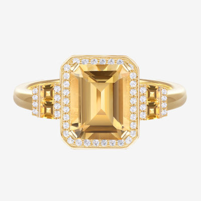 Womens Genuine Yellow Citrine 14K Gold Over Silver 3-Stone Cocktail Ring
