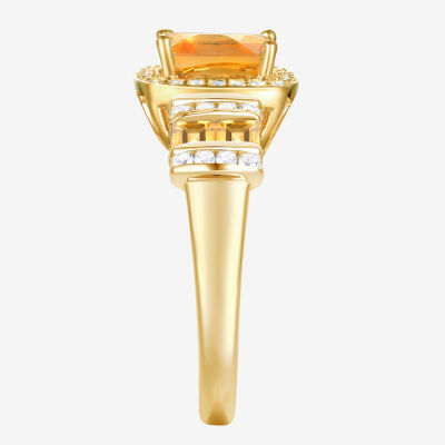 Womens Genuine Yellow Citrine 14K Gold Over Silver 3-Stone Cocktail Ring