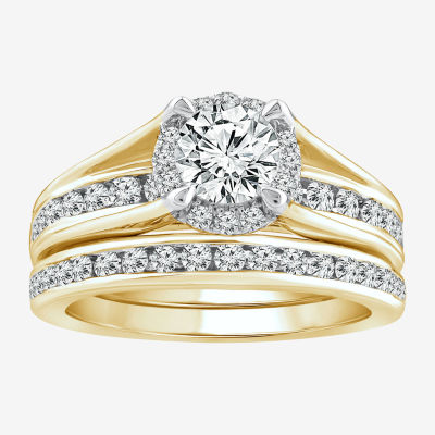 (I / I1) Womens 1 1/2 CT. T.W. Lab Grown White Diamond 10K or 14K Gold Round Side Stone Bridal Set