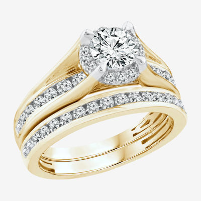 (I / I1) Womens 1 1/2 CT. T.W. Lab Grown White Diamond 10K or 14K Gold Round Side Stone Bridal Set