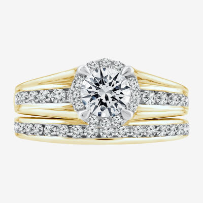 (I / I1) Womens 1 1/2 CT. T.W. Lab Grown White Diamond 10K or 14K Gold Round Side Stone Bridal Set