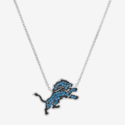 True Fans Fine Jewelry Detroit Lions Unisex Adult Blue Cubic Zirconia Sterling Silver Pendant Necklace