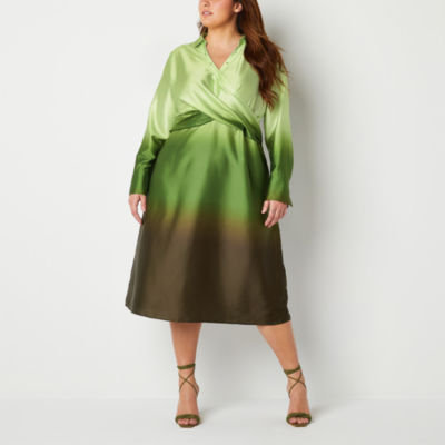 Worthington Plus Long Sleeve Ombre Midi Wrap Dress