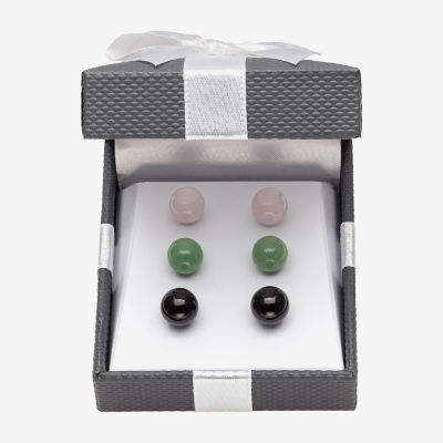 Genuine Pink Quartz, Green Jade & Black Onyx  Sterling Silver Earring Set