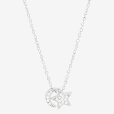 Womens White Cubic Zirconia Sterling Silver Moon Star Pendant Necklace