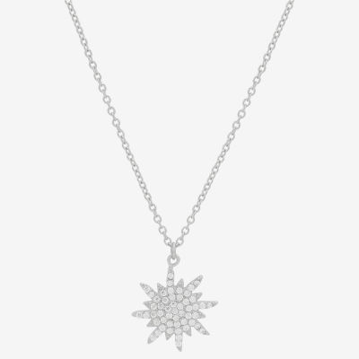 Womens White Cubic Zirconia Sterling Silver Star Sunburst Pendant Necklace