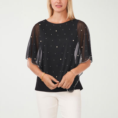 MSK Petite Womens Round Neck Short Sleeve Embellished Blouse