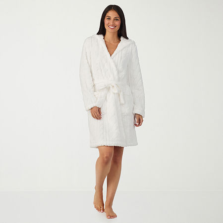 Cuddl Duds Womens Sherpa Long Sleeve Mid Length Robe In White