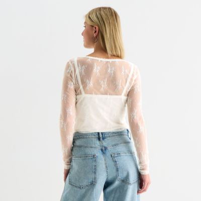 Arizona Womens Juniors Round Neck Long Sleeve Layered Top