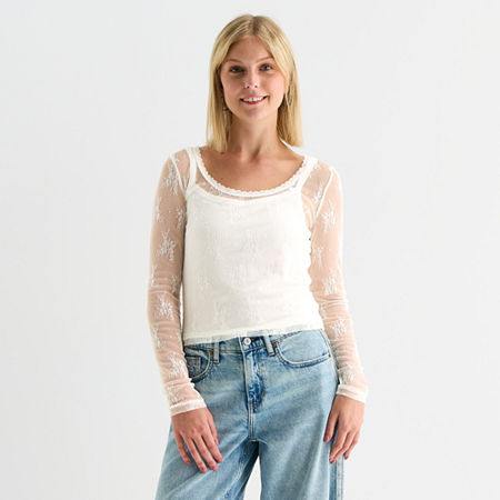 Arizona Womens Juniors Round Neck Long Sleeve Layered Top In White