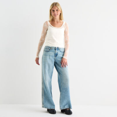 Arizona Womens Juniors Round Neck Long Sleeve Layered Top