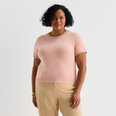 Liz Claiborne Plus Womens Crew Neck Short Sleeve Pullover Sweater