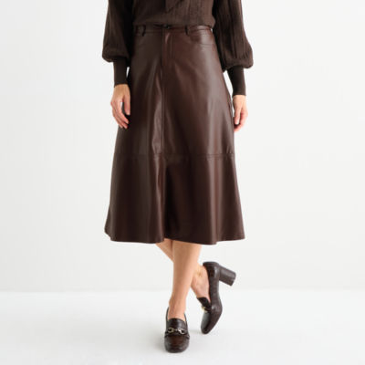 Liz Claiborne Womens Tall Mid Rise Midi Faux Leather A-Line Skirt