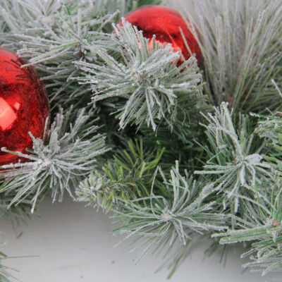 Flocked Pine with Red Ornaments Artificial Christmas Wreath  24-Inch  Unlit