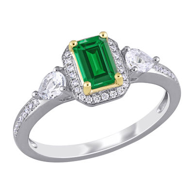 Womens 1/8 CT. T.W. Genuine Green Emerald 14K Two Tone Gold Halo 3 ...