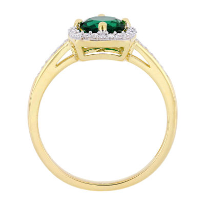 Womens 1/7 CT. T.W. Lab Created Green Emerald 10K Gold Halo Cocktail Ring