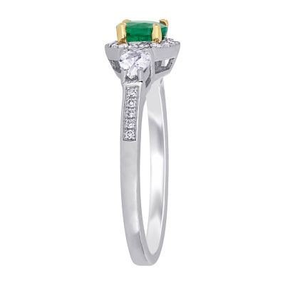 Womens 1/8 CT. T.W. Genuine Green Emerald 14K Two Tone Gold Halo Cocktail Ring