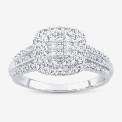 1/2 CT.T.W. Natural Diamond Cushion Shape Side Stone Halo Engagement Ring in 10K or 14K Gold