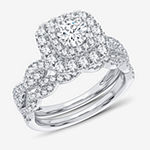 Signature By Modern Bride 1 CT. T.W. Diamond Cushion Shape Side Stone Halo Bridal Set in 10K or 14K White Gold