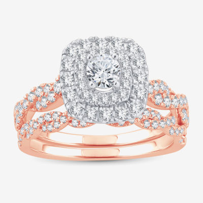 Signature By Modern Bride 1 CT. T.W.  Diamond Cushion Shape Side Stone Halo Bridal Set in 10K or 14K Rose Gold