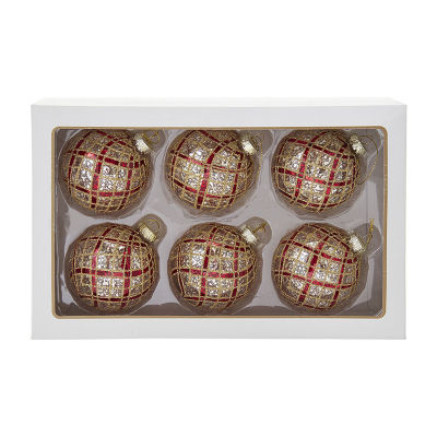 Kurt Adler 80mm Silver With Gold And Red Plaid Glass Ball 6-pc. Christmas Ornament