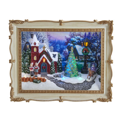 Kurt Adler "7.48"" Village Scene Frame" Plays Music Lighted Christmas Tabletop Decor