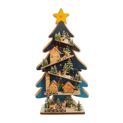 Kurt Adler Wooden Tree With Village Scene Lighted Christmas Tabletop Decor