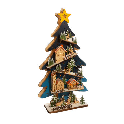 Kurt Adler Wooden Tree With Village Scene LED Lighted Christmas Tabletop Decor