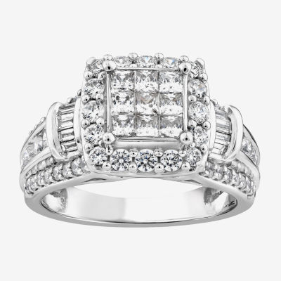 Womens 1 1/2 CT. T.W. Natural White Diamond 10K White Gold Rectangular Side Stone Engagement Ring