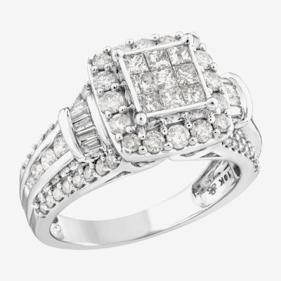 Womens 1 1/2 CT. T.W. Natural White Diamond 10K White Gold Rectangular Side Stone Engagement Ring