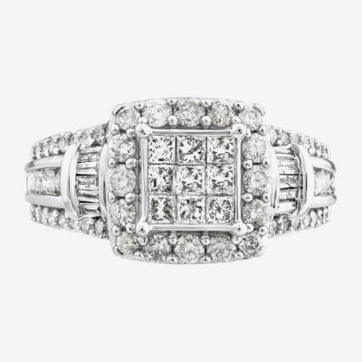 Womens 1 1/2 CT. T.W. Natural White Diamond 10K White Gold Rectangular Side Stone Engagement Ring