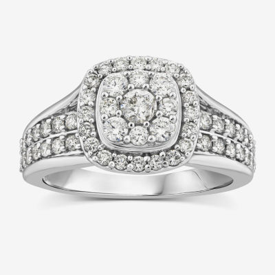 (I / I1) Womens 1 CT. T.W. Lab Grown White Diamond 10K White Gold Cushion Side Stone Halo Engagement Ring