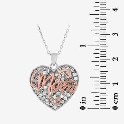 "Mom" Womens White Crystal 18K Rose Gold Over Silver Sterling Silver Heart Pendant Necklace