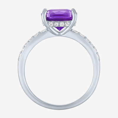 Womens Lab Created Gemstone Sterling Silver Side Stone Solitaire Cushion Cocktail Ring