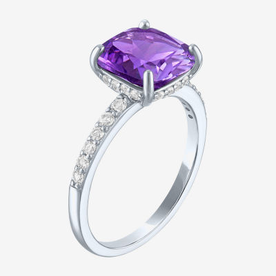 Womens Lab Created Gemstone Sterling Silver Side Stone Solitaire Cushion Cocktail Ring