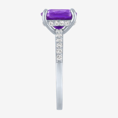 Womens Lab Created Gemstone Sterling Silver Side Stone Solitaire Cushion Cocktail Ring