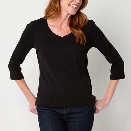 St. John's Bay Womens V Neck 3/4 Sleeve T-Shirt, Petite Small, Black