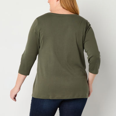St. John's Bay Womens Plus Easy-on + Easy-off V Neck 3/4 Sleeve Adaptive T-Shirt