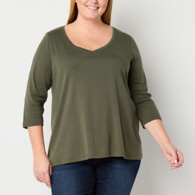 St. John's Bay Womens Plus Easy-on + Easy-off V Neck 3/4 Sleeve Adaptive T-Shirt