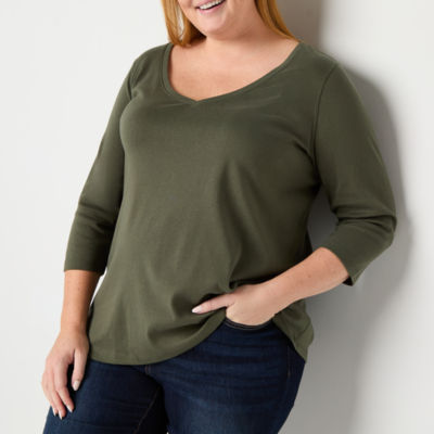 St. John's Bay Womens Plus Easy-on + Easy-off V Neck 3/4 Sleeve Adaptive T-Shirt